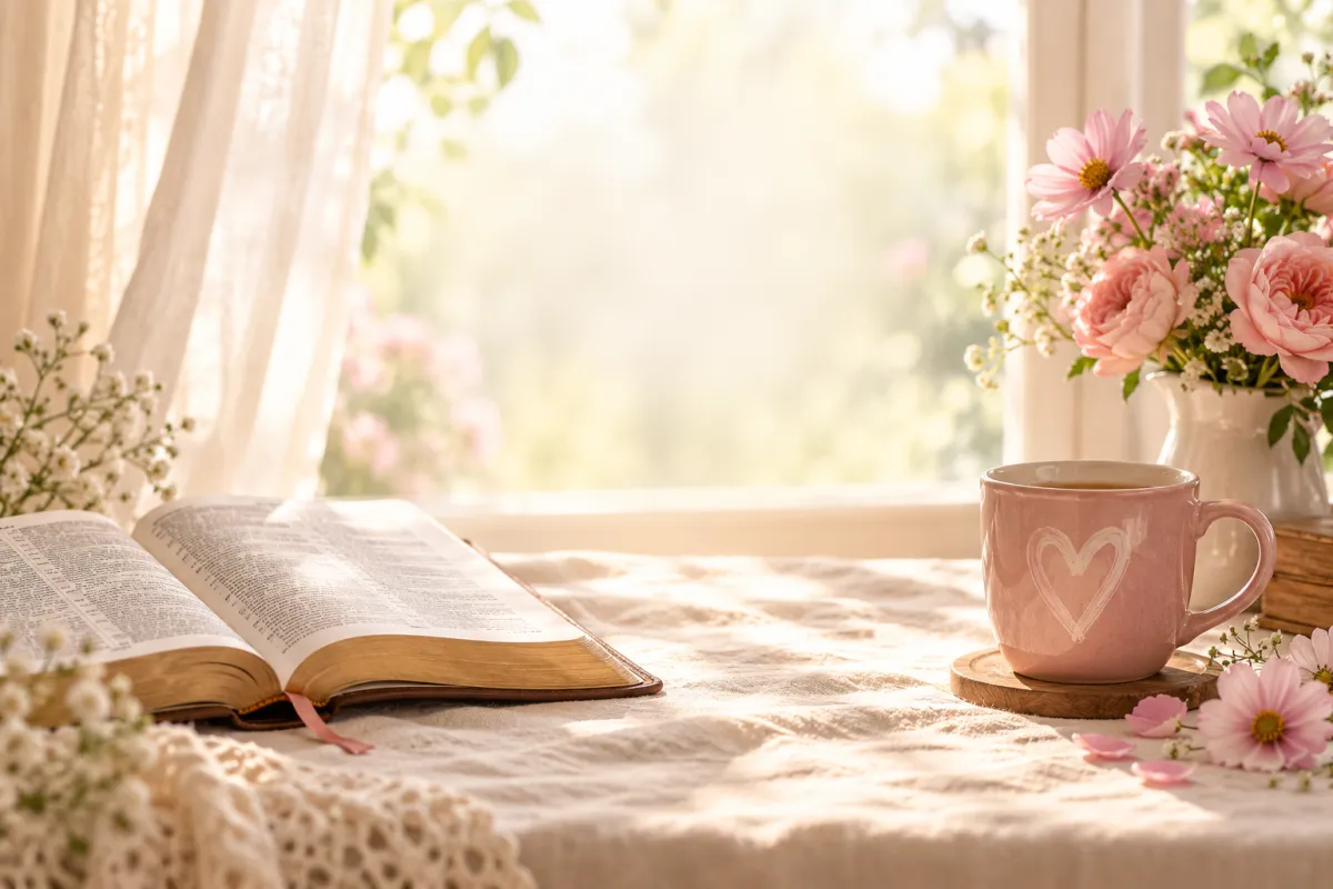 Biblia abierta junto a una taza rosa con un corazón y flores, con luz suave de ventana