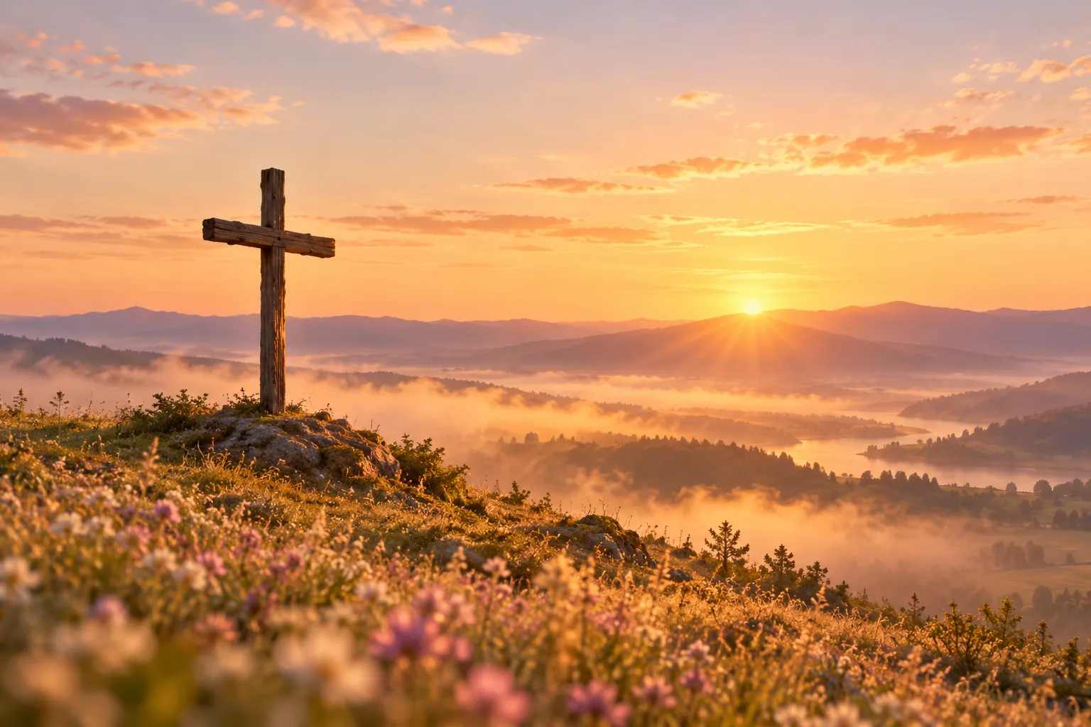 Cruz de madera sobre una colina al amanecer, con flores silvestres