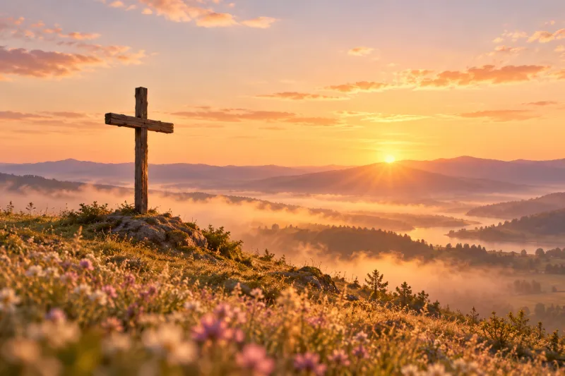 Cruz de madera sobre una colina al amanecer, con flores silvestres