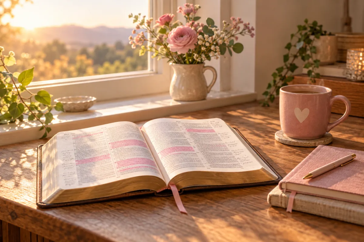 Biblia abierta con subrayados sobre una mesa de madera, una taza rosa con corazón, cuadernos y flores junto a una ventana