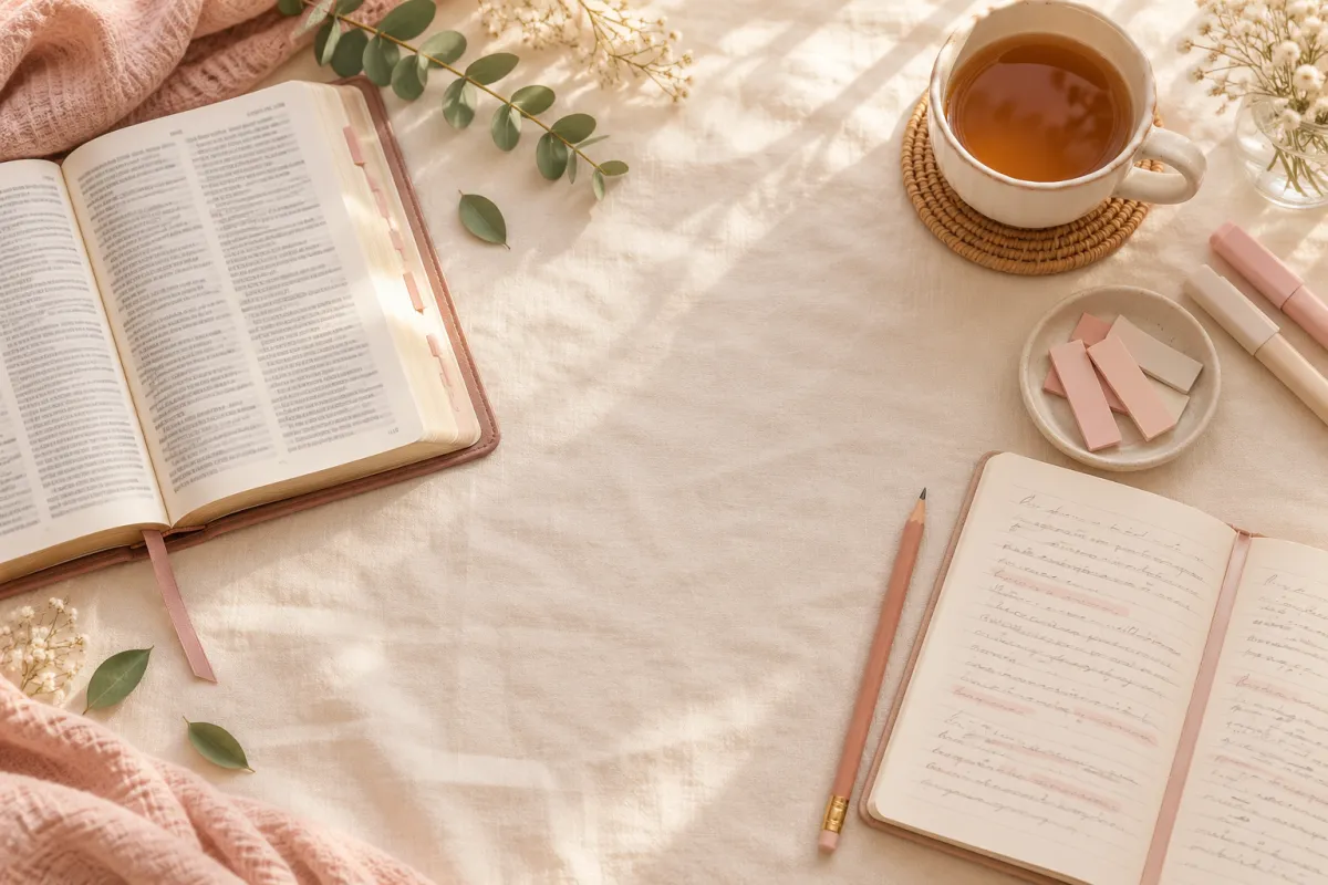Biblia abierta, un cuaderno, rotuladores pastel y una rama de eucalipto sobre lino