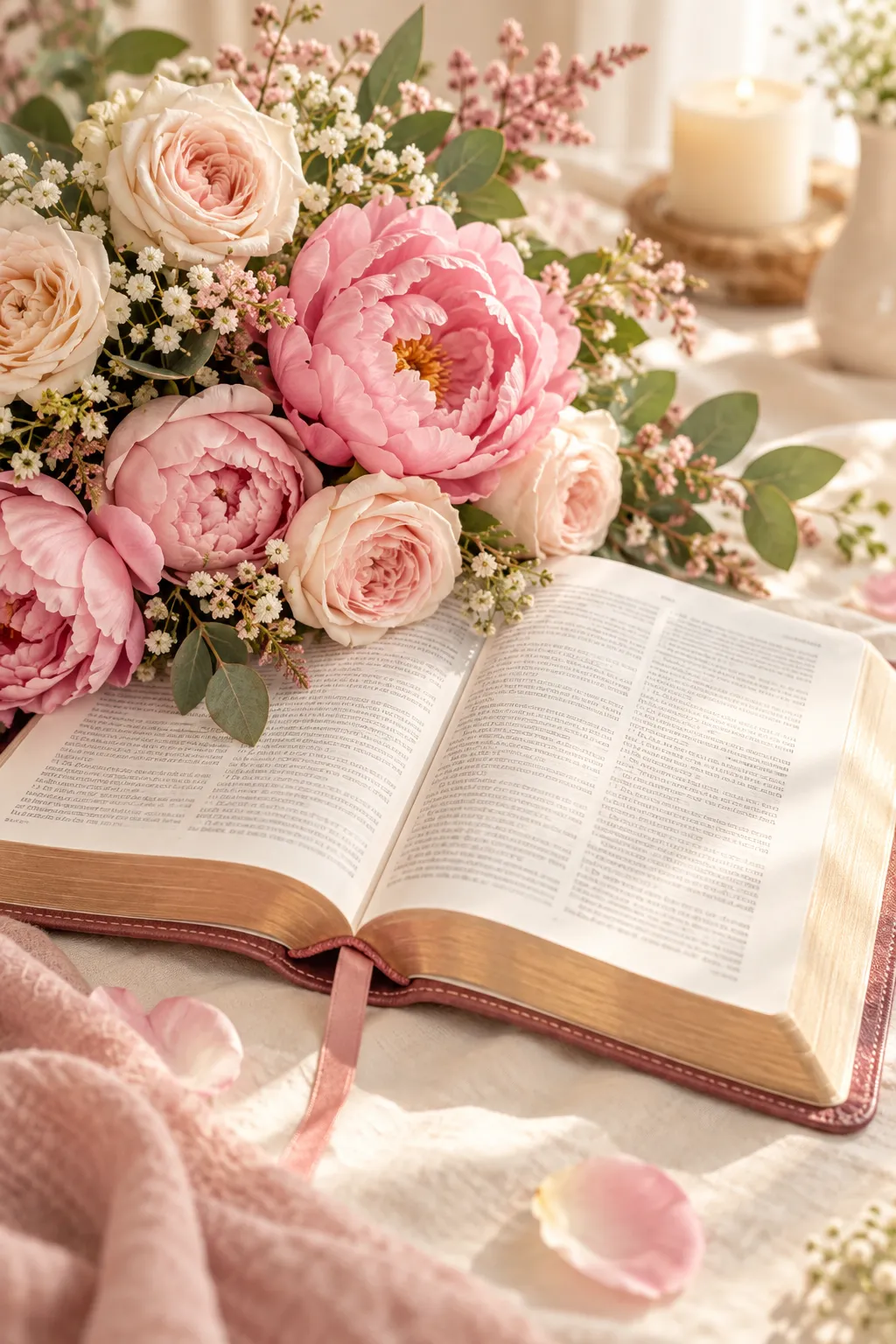Biblia abierta con un ramo de peonías rosas