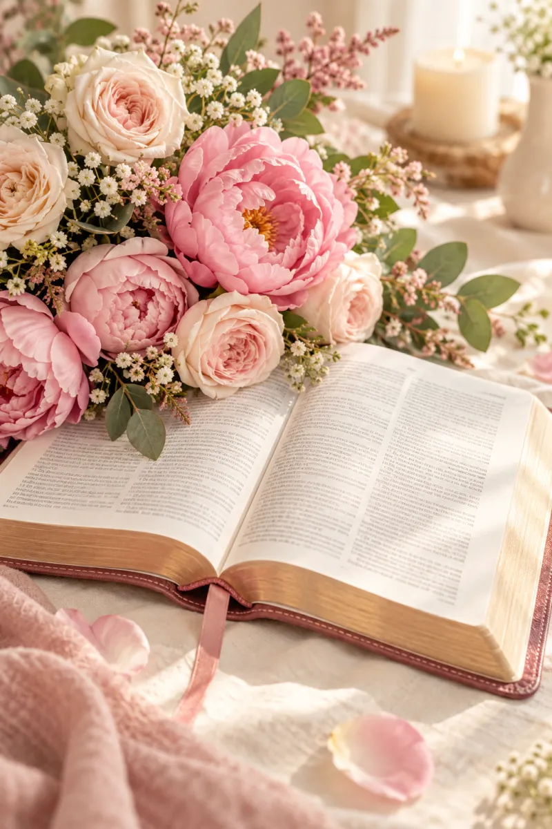 Biblia abierta con un ramo de peonías rosas