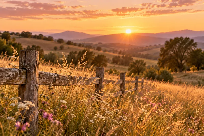 Valla de madera y hierba dorada en un campo al atardecer