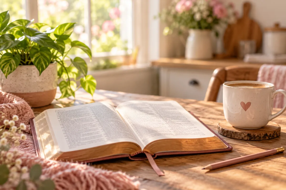 Biblia abierta junto a una taza de café con un corazón y una planta sobre una mesa