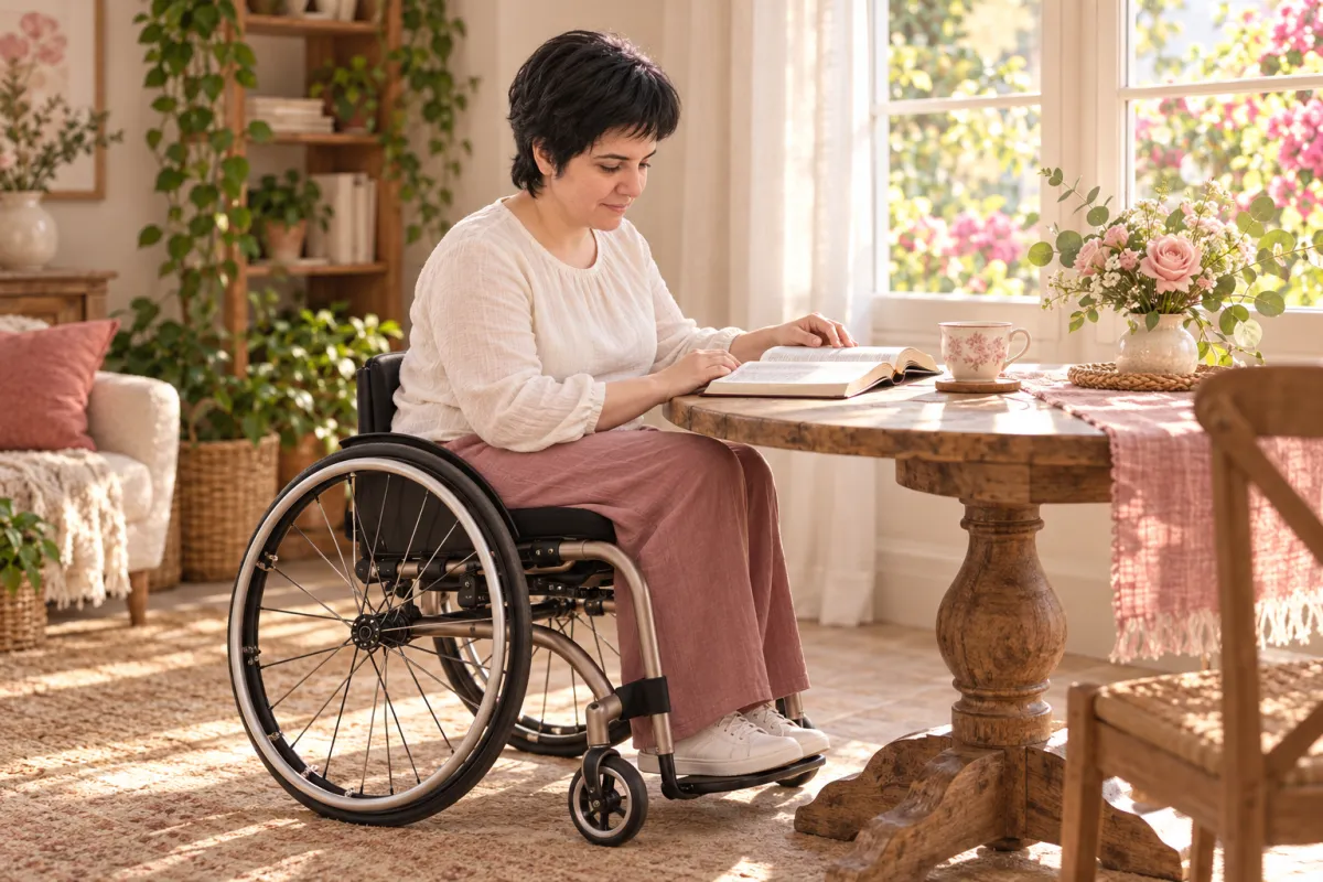 Mujer en silla de ruedas leyendo la Biblia junto a una ventana con luz de mañana