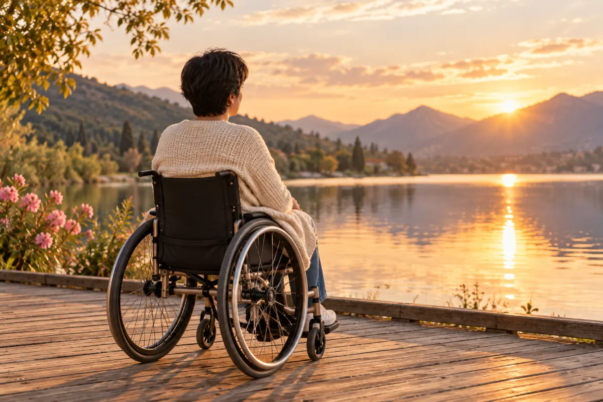 Mujer en silla de ruedas, de espaldas, en una pasarela de madera junto a un lago al atardecer