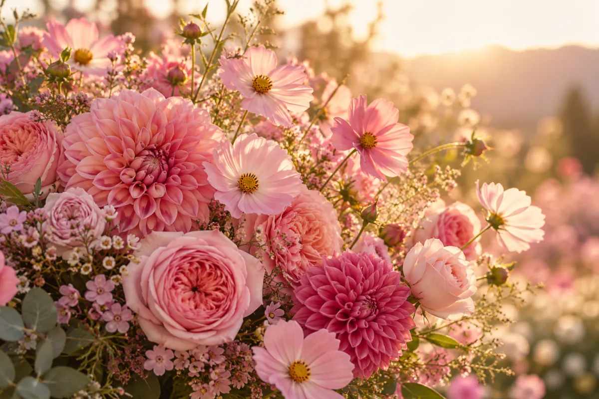 Ramo de cosmos y dalias rosas a contraluz