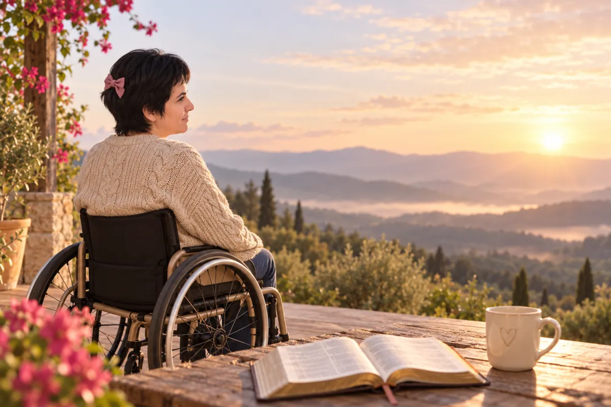 Mujer en silla de ruedas, de espaldas, con un lazo rosa en el pelo, contemplando las montañas al amanecer junto a una mesa con una Biblia abierta y una taza