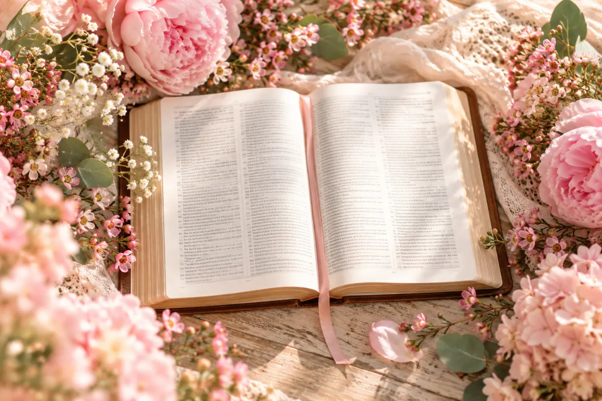 Biblia abierta entre flores rosas, vista desde arriba