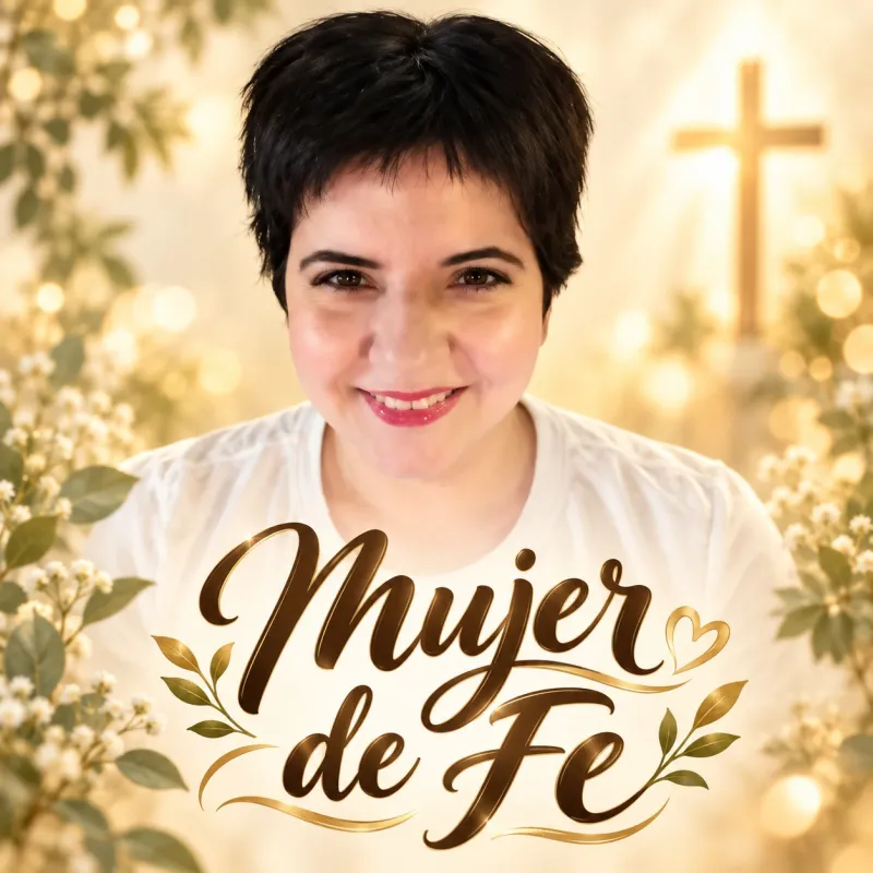 El logotipo de Mujer de Fe: Mayca, sonriente, entre luz dorada y flores, con una cruz de luz al fondo