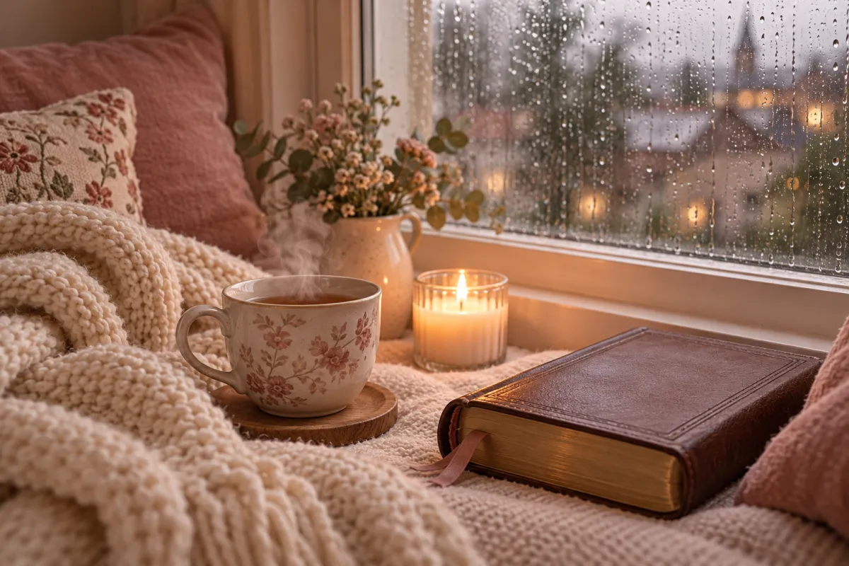 Taza caliente y una manta de punto junto a una ventana con lluvia