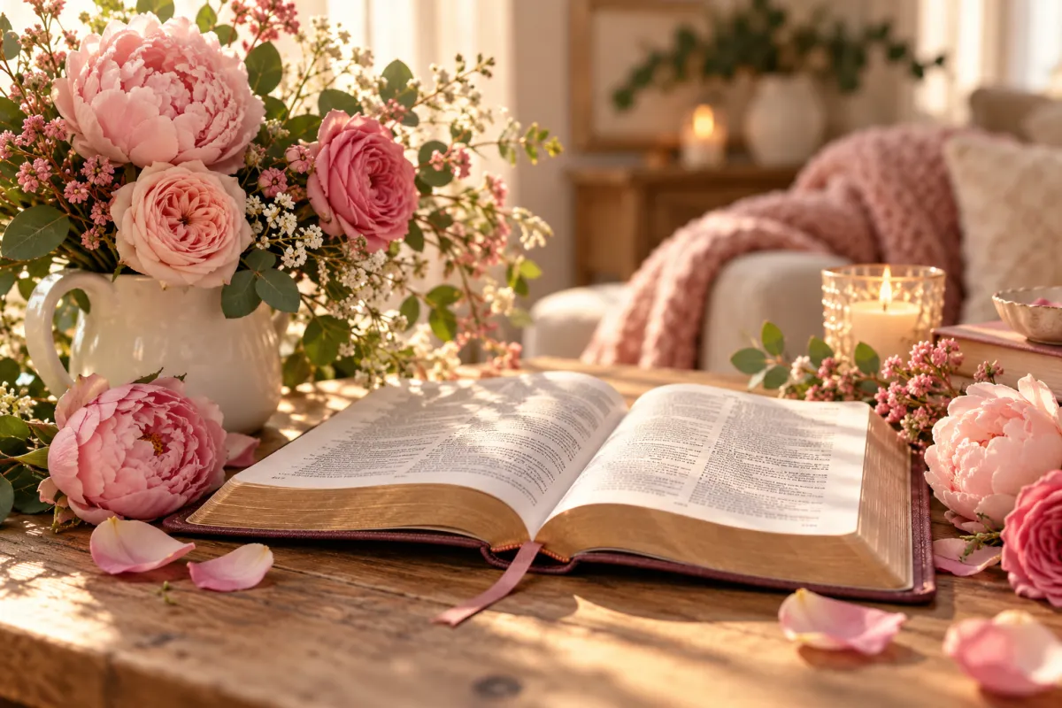 Biblia abierta rodeada de rosas y peonías rosas sobre una mesa de madera