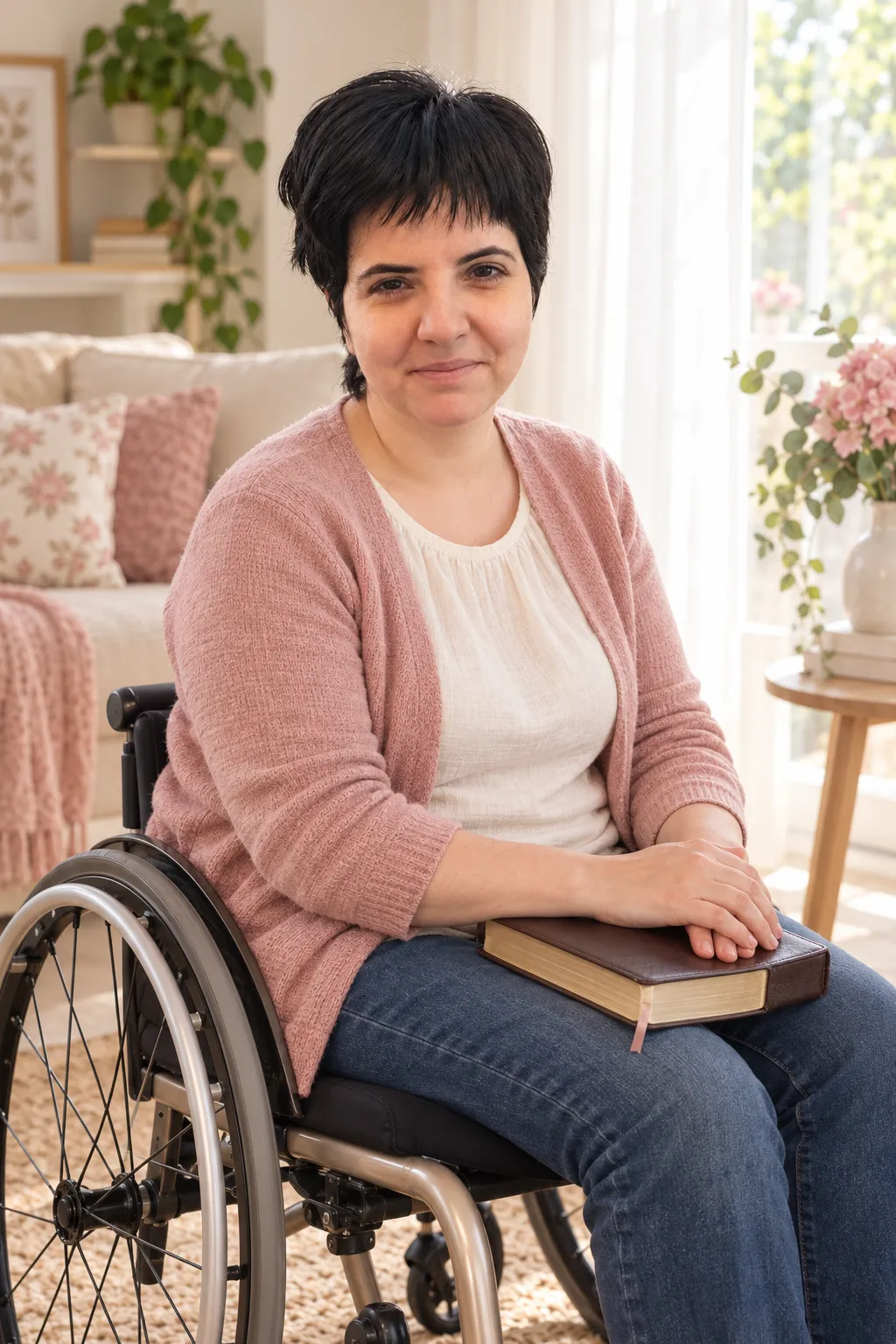 Retrato de la autora de Mujer de Fe, sonriente, sentada en su silla de ruedas con una Biblia en el regazo
