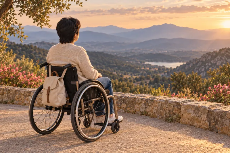 Mujer en silla de ruedas, de espaldas, en un mirador contemplando las montañas por la tarde
