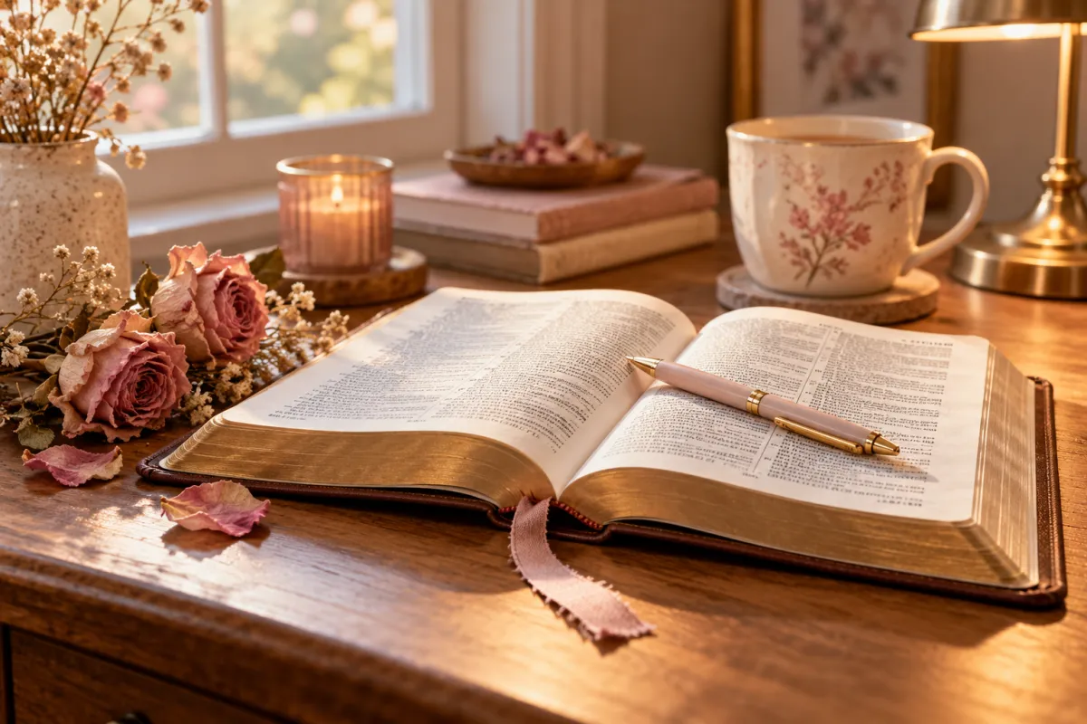Biblia abierta con un bolígrafo sobre las páginas y unas flores secas